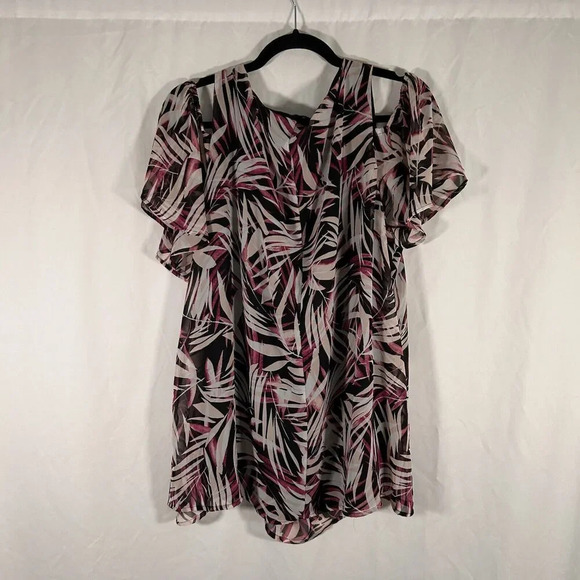 Lane Bryant Blouse Women's 20 Purple Black Cold Shoulder Sheer Short Sleeve - Picture 8 of 10
